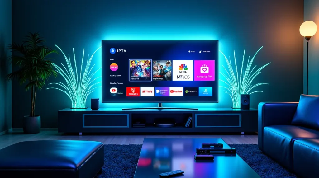 Nowoczesny salon z dużym telewizorem Smart TV, na którym wyświetlana jest aplikacja IPTV z popularnymi serwisami VOD.