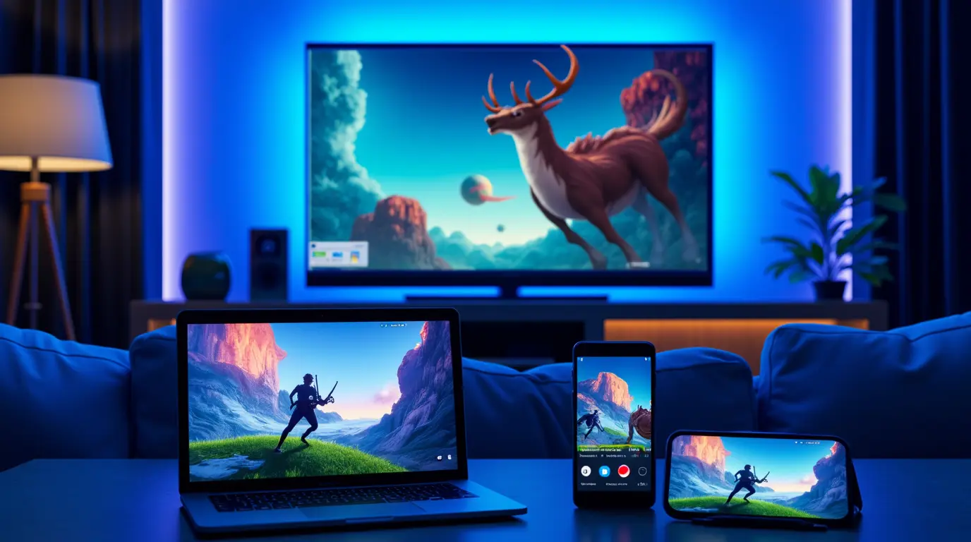 Ekran telewizora, laptop, smartfon i tablet prezentujące tę samą animację w salonie, pokazujące kompatybilność ekino tv IPTV na różnych urządzeniach.