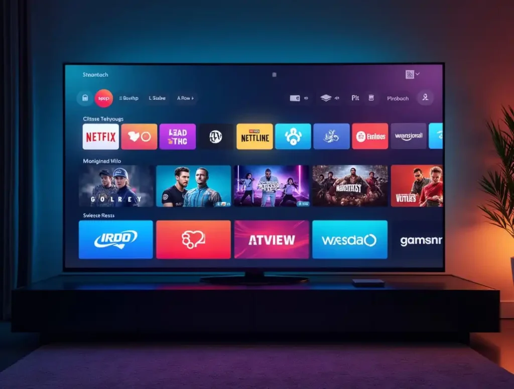 Smart TV z ekranem głównym aplikacji VOD i IPTV, wyświetlający popularne serwisy streamingowe i propozycje filmowe w salonie.